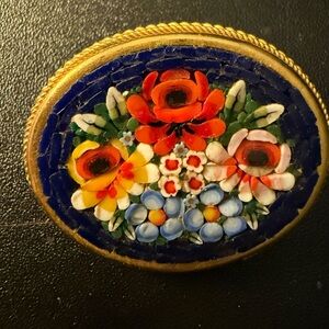 Vintage Italian Micro Mosaic Floral Brooch Handmade Glass Tesserae Marked Italy